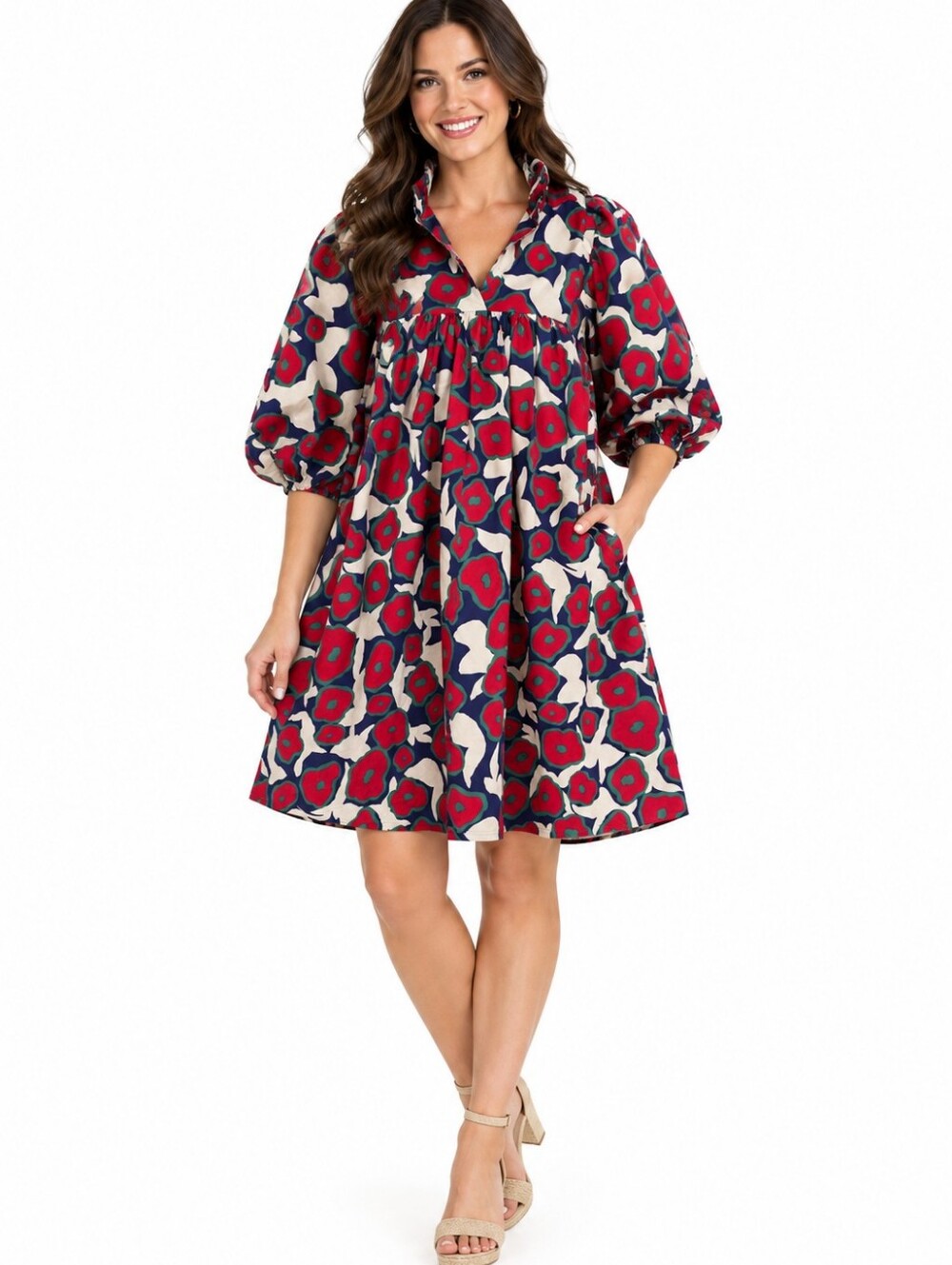 Emily McCarthy Womens Stella Mini Dress Size Small Red Blue Flare Puff Sleeves